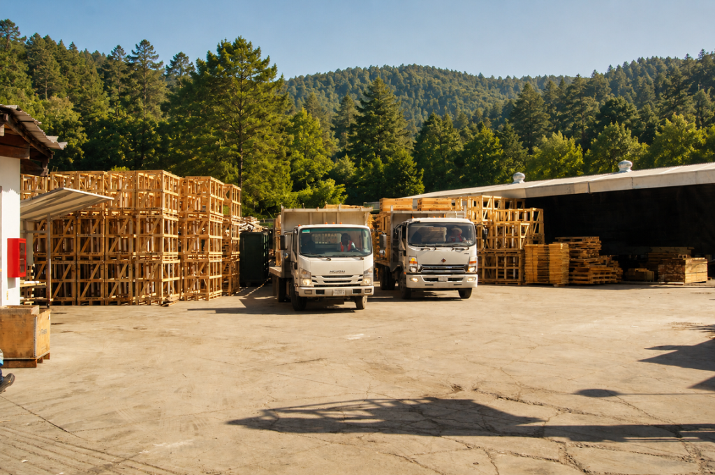 Pallets reciclados: la estrategia sostenible para tu empresa: Amigables con el ambientes gracias al material reciclado Pallets reciclados: la estrategia sostenible para tu empresa: Imagen de camiones recogiendo madera y alrededor un bosque haciendo referencia a que soy amigables y se evita la tala de árboles gracias a la madera que se recicla