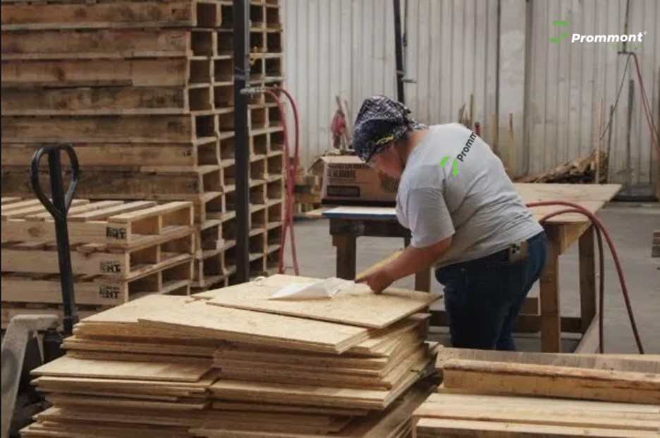 Mujer inspeccionando materiales en un almacén de pallets. Imagen de una mujer revisando láminas de madera en el taller de Prommont a un costado hay altas pilas de pallets.