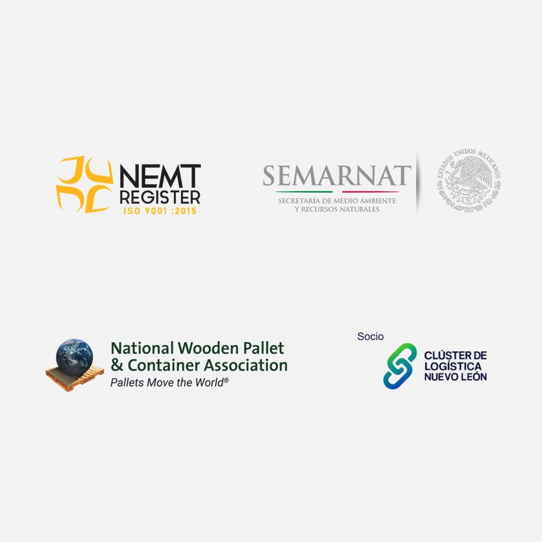 Logotipos de NEMT, SEMARNAT, y National Wooden Pallet & Container Association y Clúster Logísitico N.L.