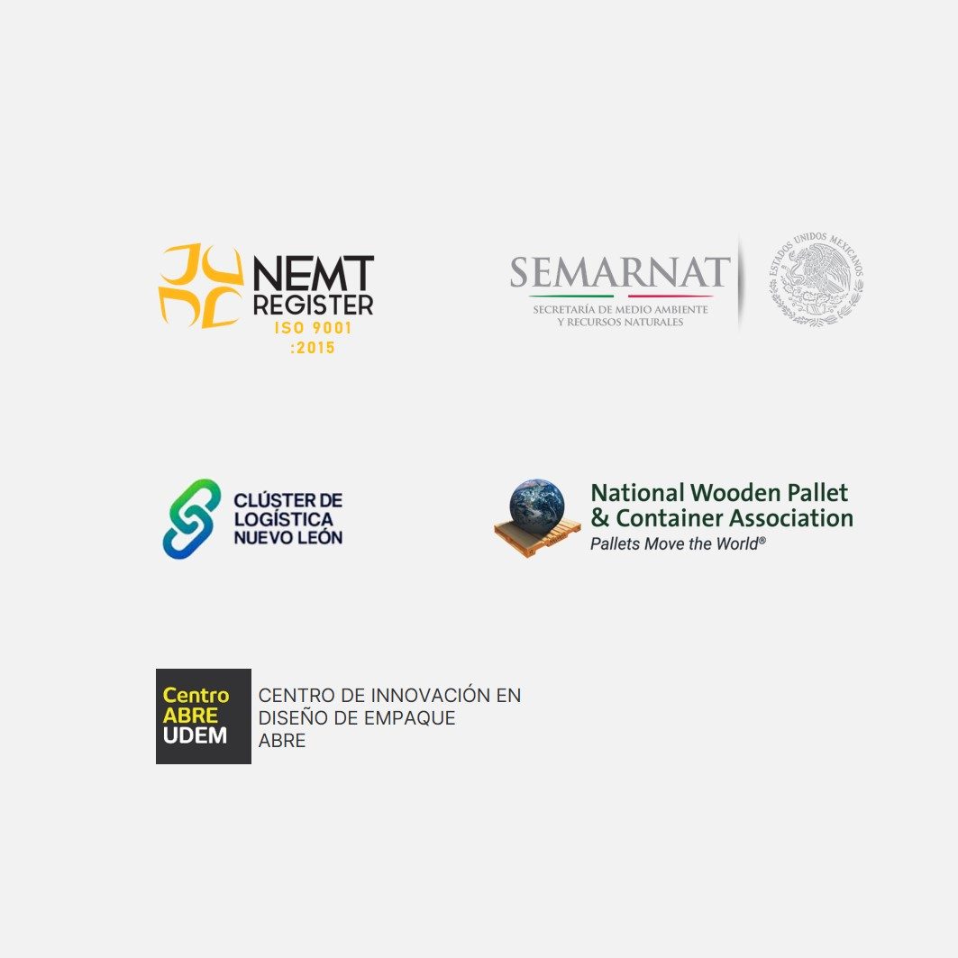 Logotipos de NEMT, SEMARNAT, y National Wooden Pallet & Container Association, Centro ABRE-UDEM, Clúster Logístico N.L.