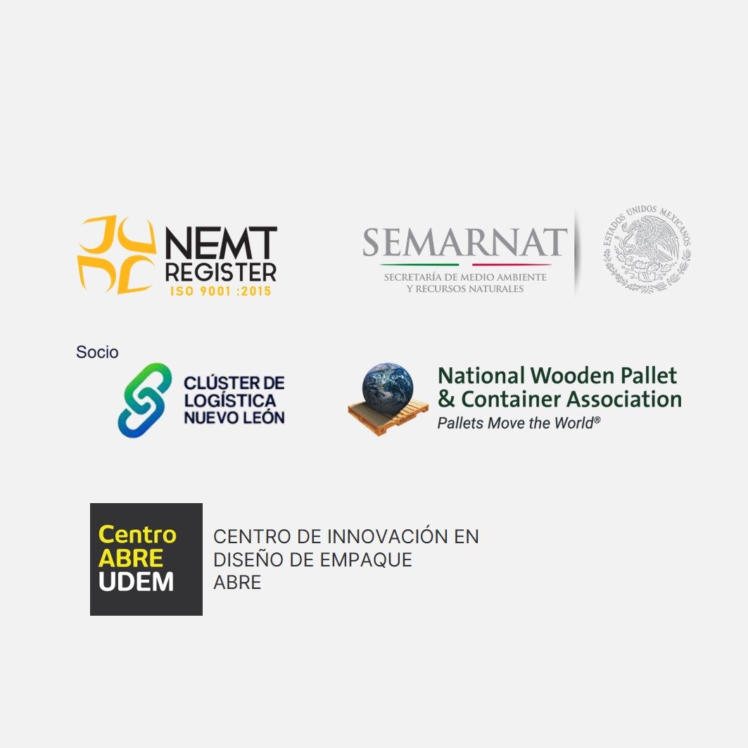 Credenciales Prommont Logotipos de NEMT, SEMARNAT, y National Wooden Pallet & Container Association, Centro ABRE-UDEM, Clúster Logístico N.L.